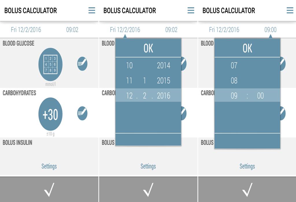 Efter genomgången av snabb guiden är applikationen färdig för användning. Du tas automatiskt till Bolus Calculator sidan. 3.1.