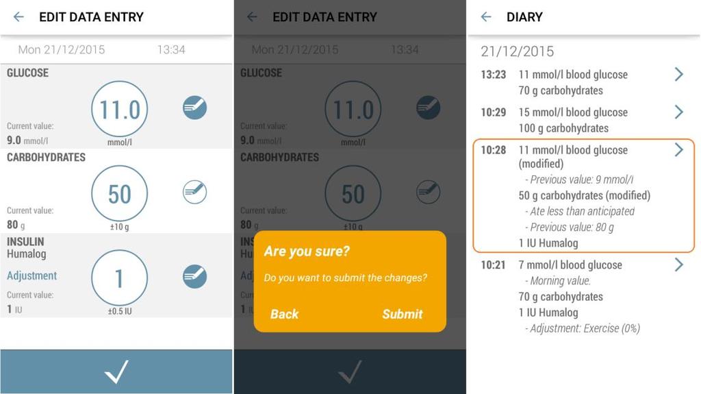 Du kan avbryta modifieringen när som helst innan du sparar förändringen. För att avbryta, tryck på pilen som finns i hörnet uppe till vänster i Edit data entry sidan.