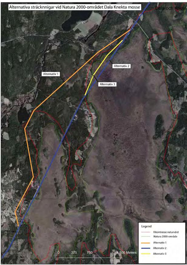 rådet och ett alternativ löper helt utanför (alt.). Alla tre alternativ bedöms klara lagstiftningens krav för Natura 000-områden.