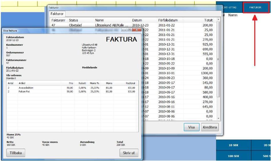 Fakturor Skicka och hantera Fakturor Om du vill skriva ut, kreditera eller titta på en faktura klickar du på knappen Fakturor ovanför betalfältet.