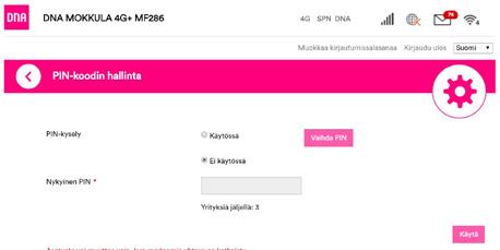 Ändra inställningar för Kotimokkula Ange PIN-kod Om SIM-kortet har en annan PIN-kod än 1234 måste PIN-koden anges via konfigurationssidorna.