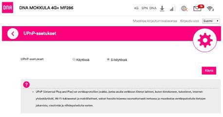 ➂ Välj lisäasetukset [avancerade inställningar] och och sedan Palomuuri [Brandvägg] i den övre meny som öppnas. ➃ Välj UPnP. ➄ Kryssa för Käytössä [Används]. ➅ Klicka på Käytä [Använd].