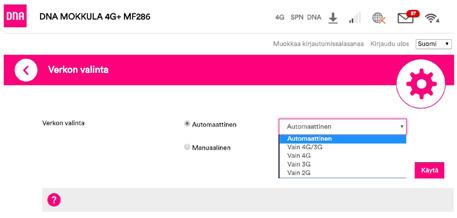 Standardanvändarnamn är admin. Standardlösenord är 1234. ➂ Välj Oma Reititin [Egen router] och inställningar. ➃ Välj verkon valinta [välja nät] i den meny som öppnas.