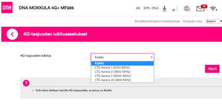 Låsa Kotimokkulan till ett visst 4G-frekvensområde Förutom valet av nät kan en låsning av Mokkulan till ett visst 4G-frekvensområde förbättra anslutningshastigheten och motverkar eventuella avbrott.