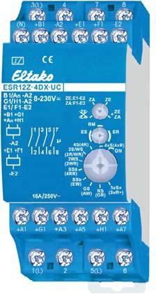 4-dubbelt elektroniskt multifunktionsrelä ESR12Z-4DX, impuls- eller arbetsströmsrelä ESR12Z-4DX-UC 7 Med central- och gruppstyrning och med 4 oberoende kontakter per 1 NO-kontakt, potentialfria