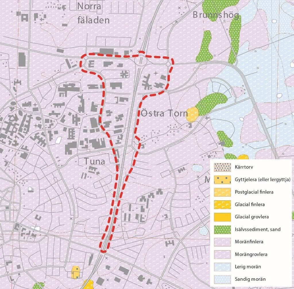 3.6. Byggnadstekniska förutsättningar 3.6.1. Geologi och geoteknik Enligt SGU:s jordartskarta utgörs marken inom utredningsområdet av morängrovlera och moränfinlera, se Figur 34.