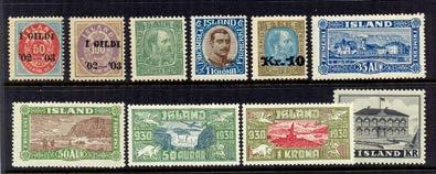 184 Bl1 Reykjavik 15.5.37, praktobjekt. 400 185 231, 245,248 FDC Reykjavik 6.1.40, med vinjett sänt till Sverige. 600 186 256-259 xx serie "1940". 400 187 256-259 xx serie. 300 188 311 xx lyxexemplar.