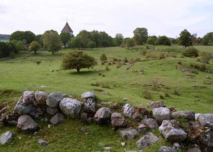 BIRKA OCH HOVGÅRDEN 39 Hovgården. Gravhögar med Adelsö kyrka i bakgrunden. I förgrunden syns rester av Alsnöhus. Foto: Bengt A Lundberg/Raä.
