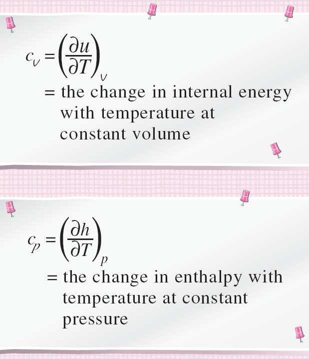 Formella definitioner av c v och c p : Ekvationerna gäller för alla ämnen som genomgår en process, vilken som helst. c v och c p är tillståndsfunktioner.