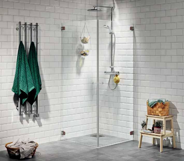 DUSCH CAPO Capo Duschväggar ger badrummet en sober stil, med känsla av elegans. Väggarna är utan handtag och profiler, med stilrena gångjärn som kan varieras i flera olika färger.