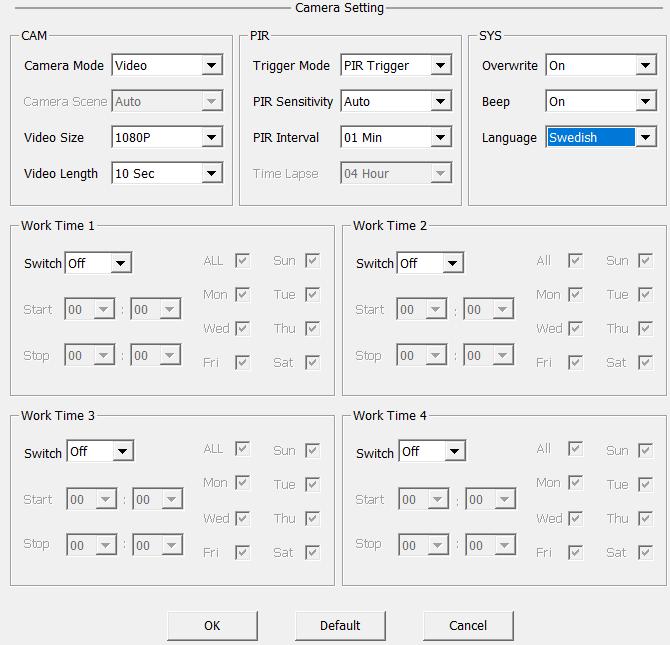 ex välj skicka 10 sekunder Full HD eller 15 sekunder HD eller 20 sekunder WVGA sänds videolängder SLUTLIGEN Save Path: Tryck OK Där programmeringsfilen sparas.