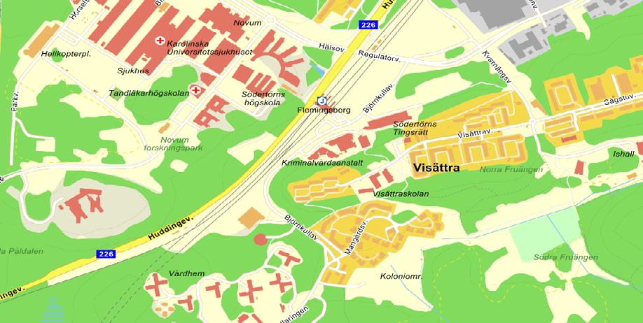 Plandata Läge, areal och markägoförhållanden Planområdet består av ett sammanhängande område kring väg 226, Huddingevägen; Trafikplats Högskolan med anslutningsvägar mot Alfred Nobels allé samt mot