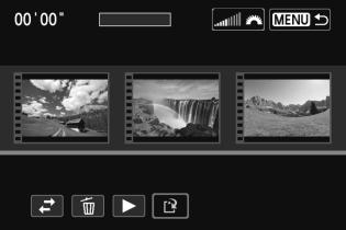 3 Spela in video-snapshots 3 Spara redigerat album. Tryck på knappen <M> om du vill återgå till redigeringspanelen längst ned på skärmen. Tryck på <U> för att välja [W] (spara) och tryck sedan på <0>.
