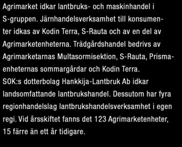 Trädgårdshandel bedrivs av Agrimarketarnas Multasormisektion, S-Rauta, Prismaenheternas sommargårdar och Kodin Terra.