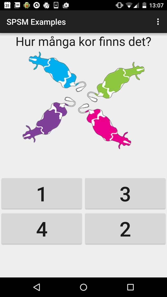 Exempel 1. Ett bildelement med bildbeskrivningen blå ko, grön ko, rosa ko, lila ko.