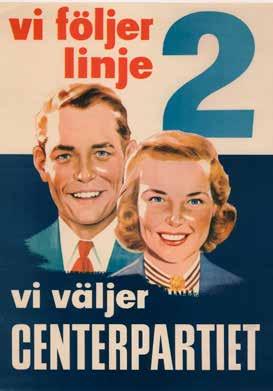 Centerpartistisk valaffisch från folkomröstningen om pensionsfrågan 1957. Valaffisch från Högerpartiet, nuvarande Moderaterna, 1950.