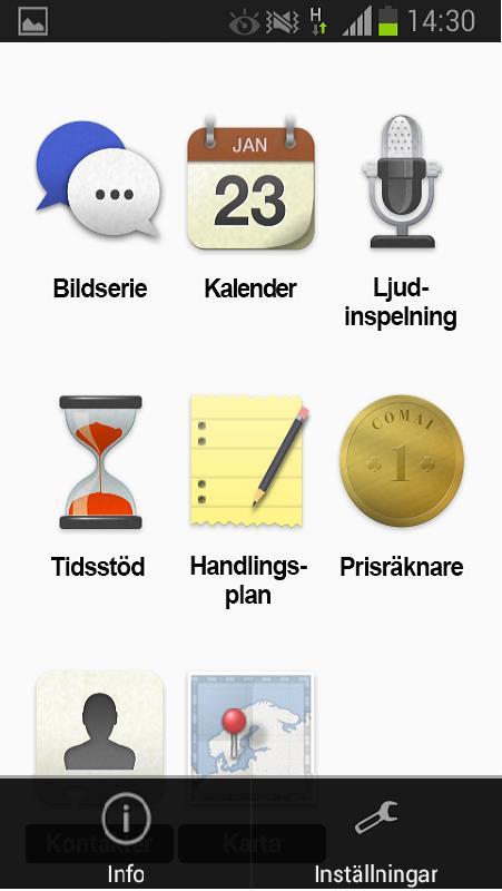 Information och inställningar Info Informationstext Licensnyckel Versionsuppdateringar Inställningar Ikoner på startsidan