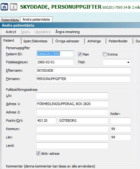 Beskrivning 2(5) Födelsenummer Efternamn Förnamn Adress 1 Postnr/Ort OBS! Några övriga uppgifter än ovan angivna får Ej registreras då det kan röja patientens identitet.