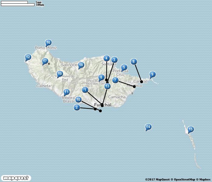MADEIRA 1. Funchal 2. Ponta da Cruz 3. Ribeiro Frio 4. Fajã da Nogueira 5. Porto da Cruz 6. Pico do Areeiro 7. Machico 8. Canical 9. Ponta de Sao Lourenco 10.