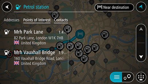 Du kan välja en bensinstation i listan och lokalisera den på kartan.