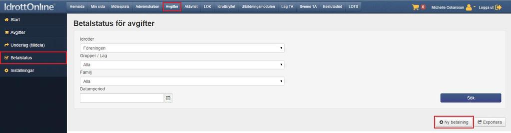 När du är färdig med dina tilldelningar går du till fliken Betalstatus för att få ut avgifterna till dina medlemmar. Klicka på Ny betalning.