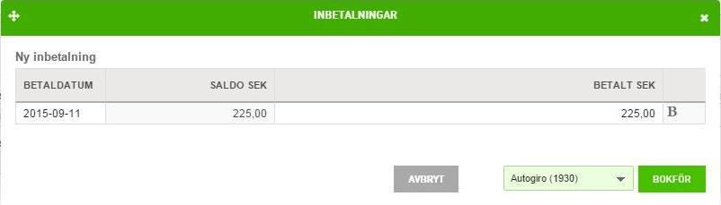 När du klickar på Inbetalningar kommer fakturans saldo att vara synligt.