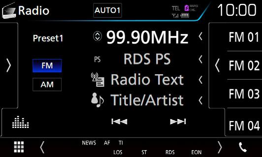 Radio Radio Radio, grundläggande användning De flesta funktioner kan utföras från skärmen för källkontroll. Tryck på [Radio]-ikonen på skärmen för val av källa när du vill öppna Radio-läget. (sid.