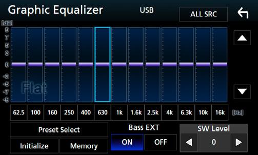 Equalizerkontroll Du kan justera equalizern genom att välja den optimerade inställningen för varje kategori. 1 Tryck på knappen [MENU]. hhpopup-menyn visas. 2 Tryck på [Audio]. hhljudskärmen visas.