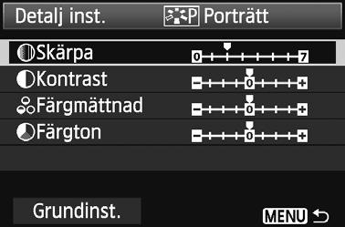 A Anpassa bildegensapern Du an anpassa en bildstil genom att justera individuella parametrar som [Särpa] och [Kontrast]. Ta provbilder för att se effeten.