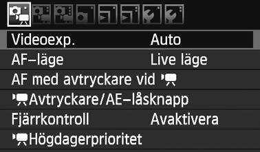 3 Inställningar av menyfuntioner Nedan förlaras de menyalternativ som föreommer på fliarna [n], [o] och [Z]. Flien [n] Videoexp. Vanligen inställt på [Auto].