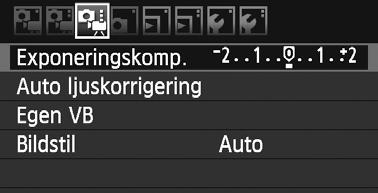 3 Inställningar av menyfuntioner Flien [Z] Exponeringsompensation Exponeringsompensationen an ställas in på upp till ±5 steg, men exponeringsompensationen för video an däremot endast ställas in på