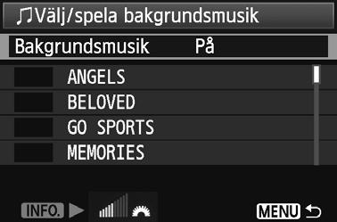 3 Bildspel (automatis visning) 4 5 Välja bagrundsmusi Starta bildspelet. Tryc på nappen <V> för att välja [Start] och tryc sedan på <0>. Efter att [Laddar bild...] visats startar bildspelet.