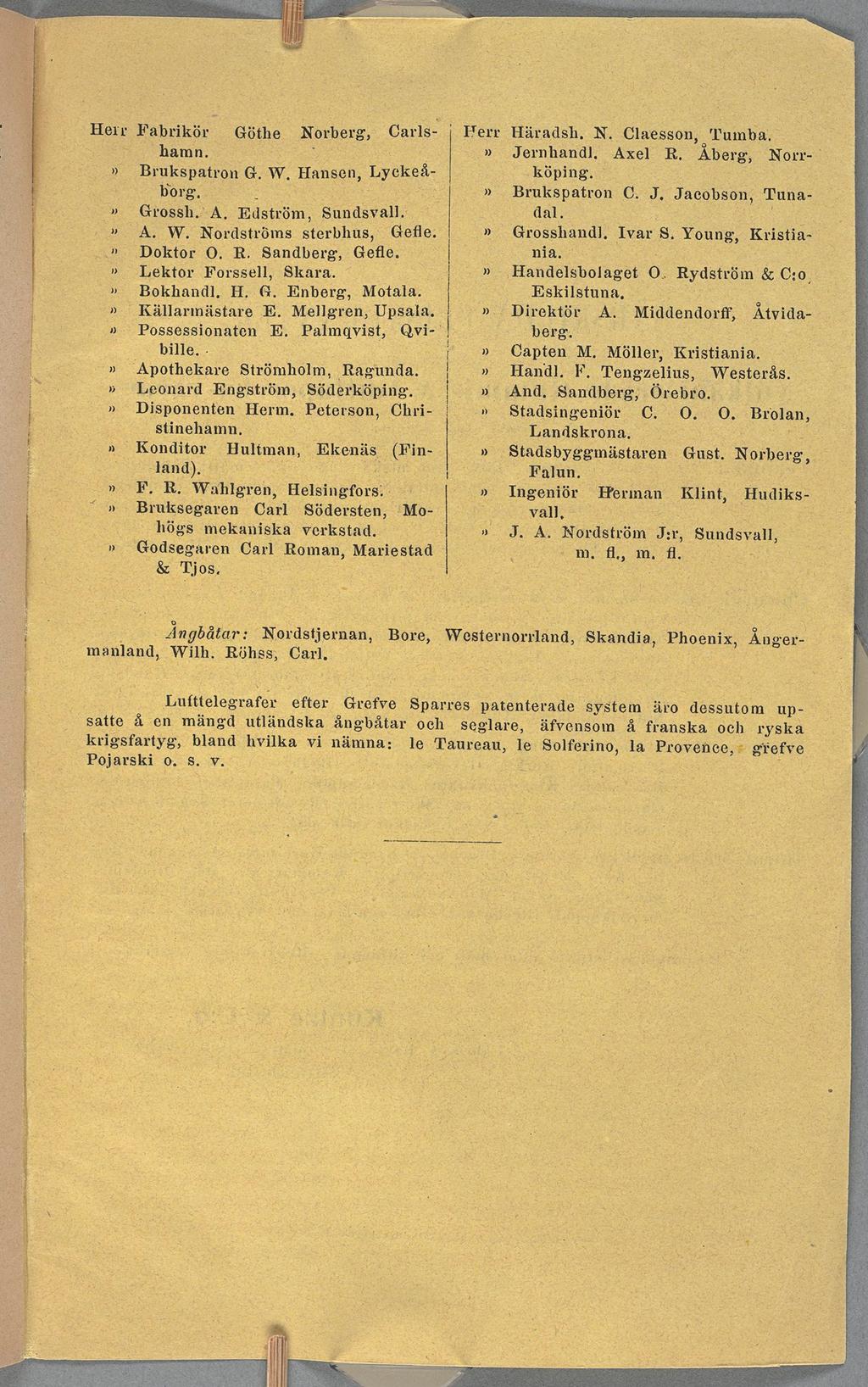 Herr Fabrkör Göthe Norberg, Carls-hHerr Häradsh N Claesson,Barnhem hamn 1 Jernhandl Axel R Åberg, Norr- BrukspatronG W Hansen, Lyckeå- köpng Borg Brukspatron C Jacobson,Tuna- GrosslLA Edström,