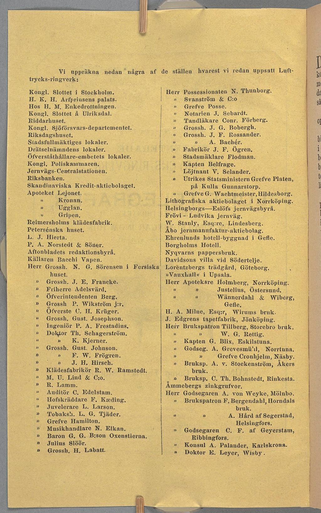 V uppråknanedan al de ställen hvarest v redan uppsatt Luft- tryeks-rngverk: Kongl Slottet Stockholm Herr PossessonatenN Thunbofâ- H K H Arfprasenspalats u Svanström 0:0 Hos H M Enkedrottnngen Grefve