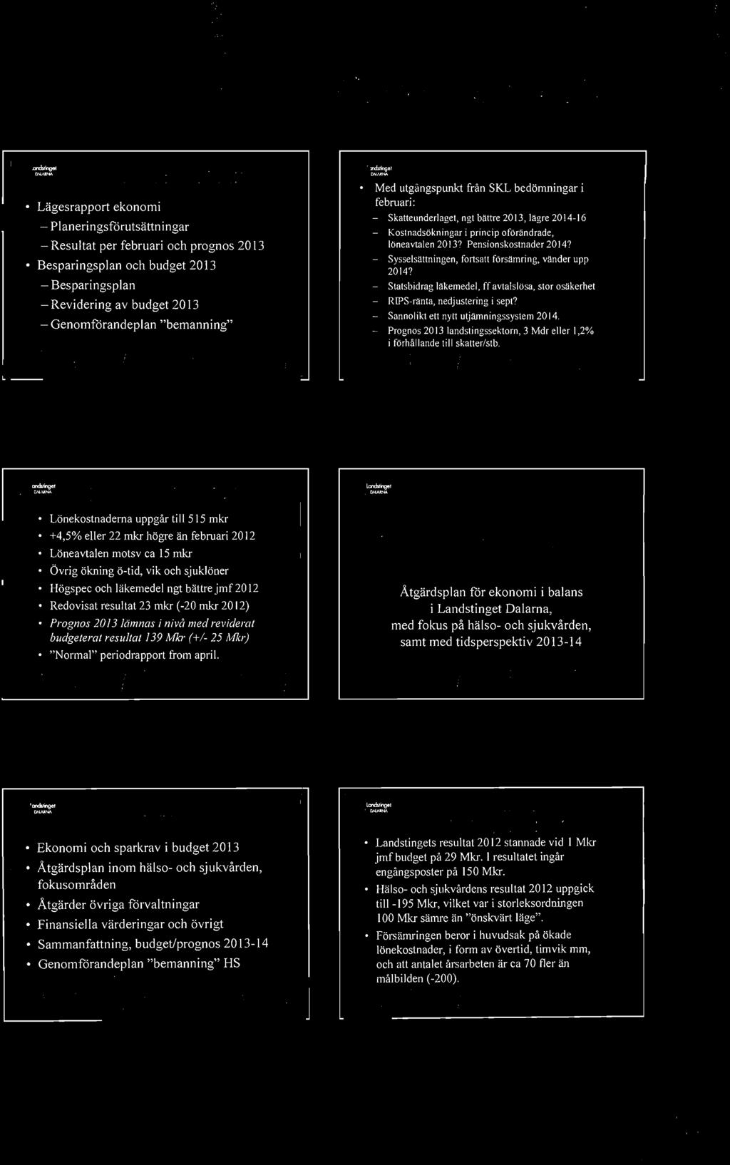 Lägesrapport ekonomi LS 25 mars 2013 - Planeringsfårutsättningar - Resultat per februari och prognos 2013 Besparingsplan och budget 2013 - Besparingsplan - Revidering av budget 2013 -