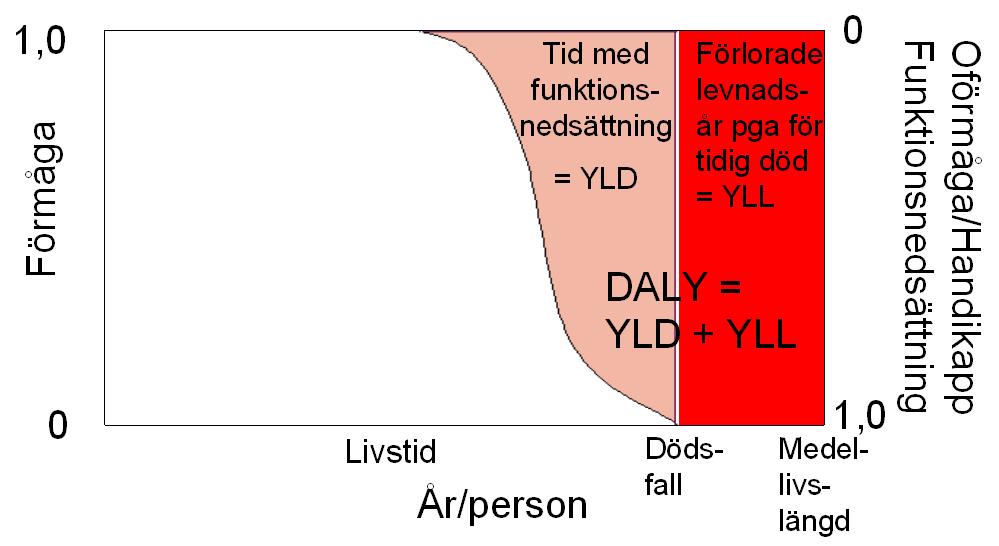 Figur 11. Principen för DALY- beräkning. Ytan av hela diagrammet motsvarar ett liv utan fysiska eller psykiska problem fram till uppnådd medellivslängd för en person.