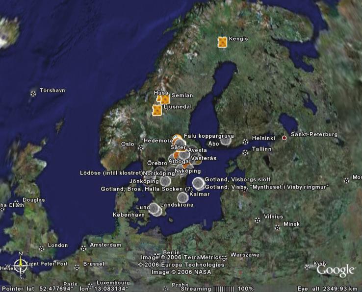 Svenska myntorter - några exempel i Google Earth Magnus Tagesson Inledning Denna artikel handlar om att visualisera geografiska, numismatiska data i ett speciellt datorprogram som heter Google Earth.