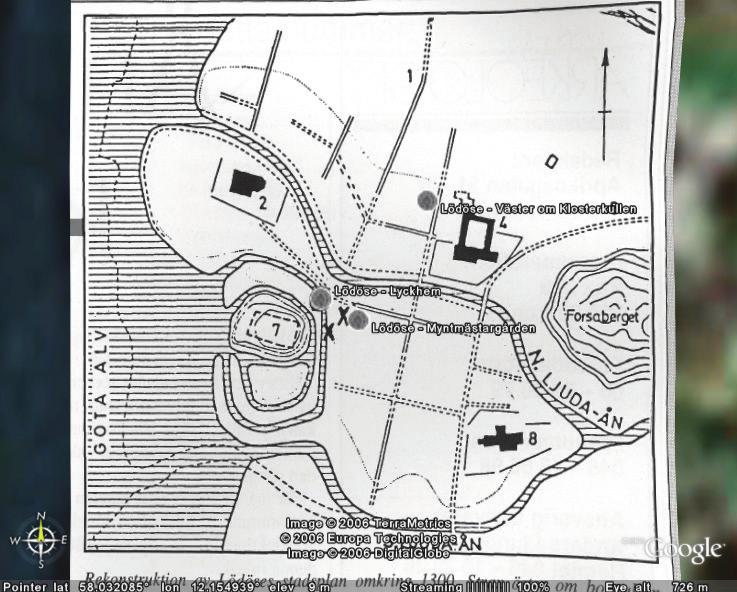 Fig. 2. Lödöse med tre platser där myntning skett. Kartan efter Ekre 1989,4 (med tillägg ). karta, utan man kan rotera vyn och titta från en valfri vinkel.