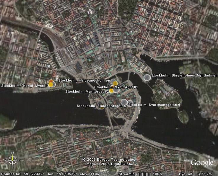 Fig. 3. Centrala Stockholm med åtta platser där myntning skett mellan 1300-talet och 1974. bättre. Flertalet av dessa kartor kan p.g.a. upphovsrättsliga frågor inte visas här.
