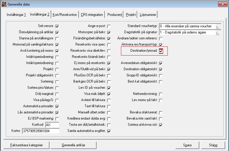 Aktivera funktionen i Rebus Resebyrå-Back: Grunduppgifter: Generella Data. Markera fältet som heter Destination/prisrad som är markerat i rött i bilden ovan och klicka på Spara-knappen.
