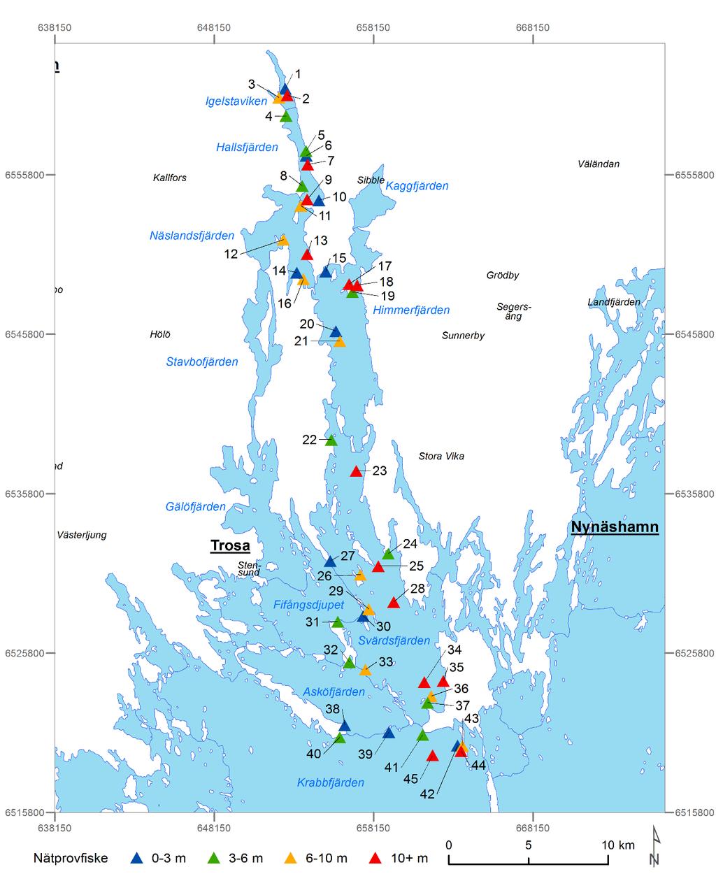 Figur 1. Provfiskeområde. Trekantiga ikoner i kartan beskriver var näten lades vid nätprovfiske i augusti 2016. Ikonernas färg visar djupintervall.