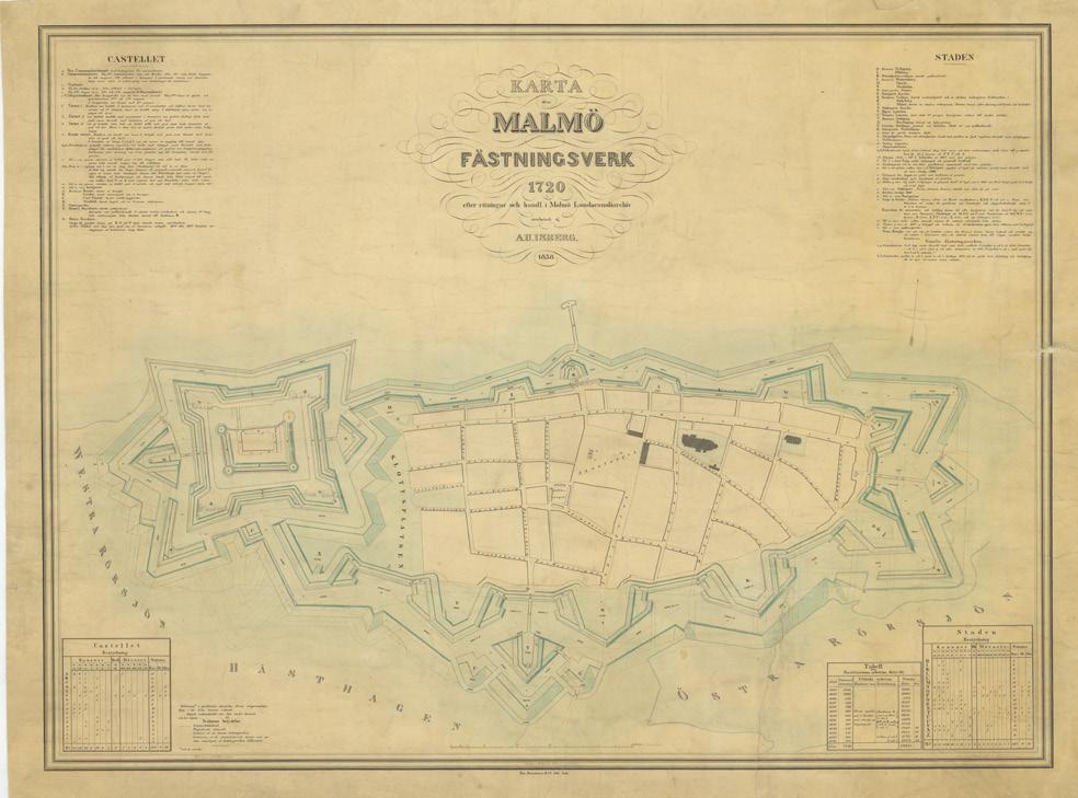 Malmoe, ritad ca 1650, Christophorus Heer Karta öfver Malmö fästningsverk 1720, ritad 1858, A U Isberg Malmö hamn, ritad 1862, Carl G Beijer, utvidgning av hamnen Kanalernas historia Program för