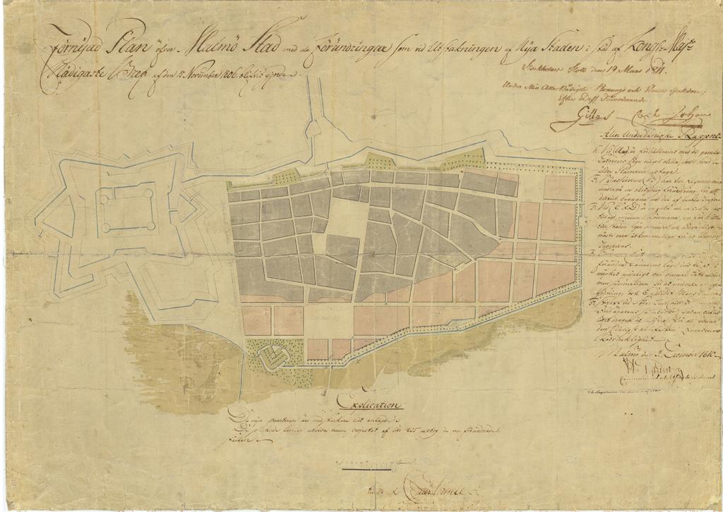Förnyad plan öfver Malmö stad, 1811, ritad av Carl von Angell i samband med utökning av staden då vallarna raserades. rivas.