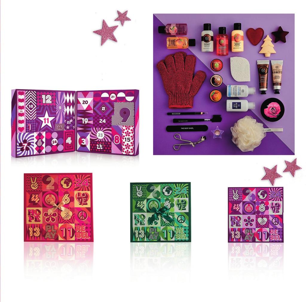 24 DAGAR MED BEAUTY ADVENT CALENDAR VÄRDE: 1100 KR REKOMMENDERAT PRIS: 495 KR 24 luckor fyllda med lyckliga upptäckter för en förstagångsanvändare av The Body Shops sortiment.