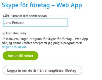 Ansluta första gången till möte som gäst via Skype Web App Första gången du ansluter dej kommer ett plug-in program installeras som tar några minuter.