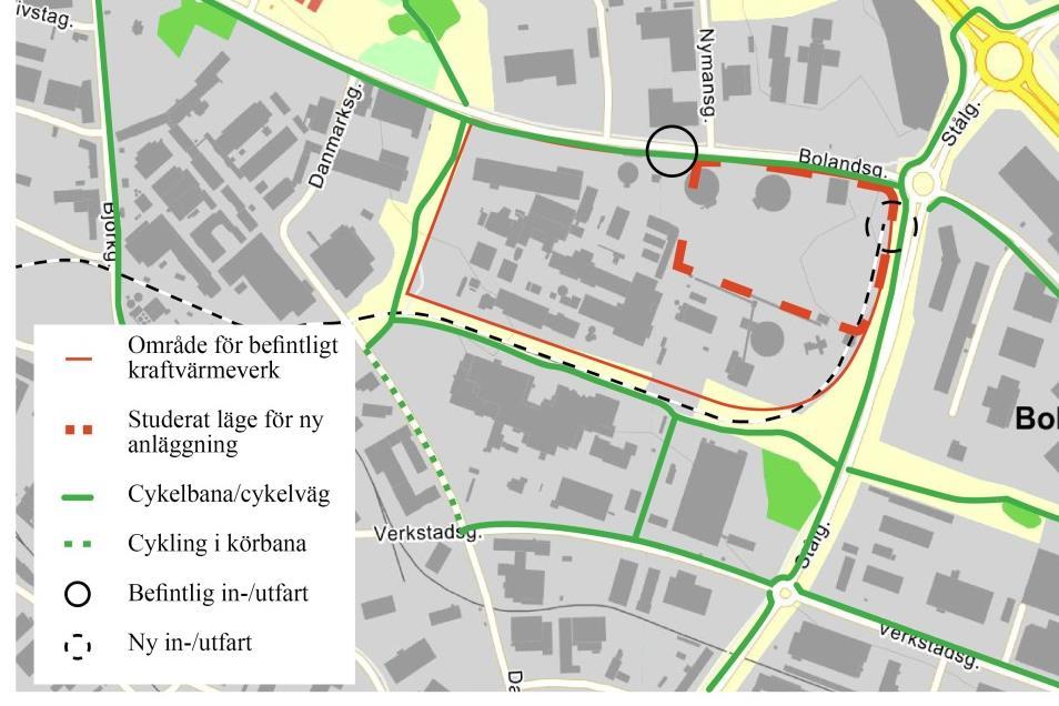 3.3 Påverkan på cykelvägnätet Tidigare studerat läge av kraftvärmeverket inom fastigheten Boländerna 19:1 medförde en påverkan på det lokala och det övergripande cykelvägnätet som inte längre är