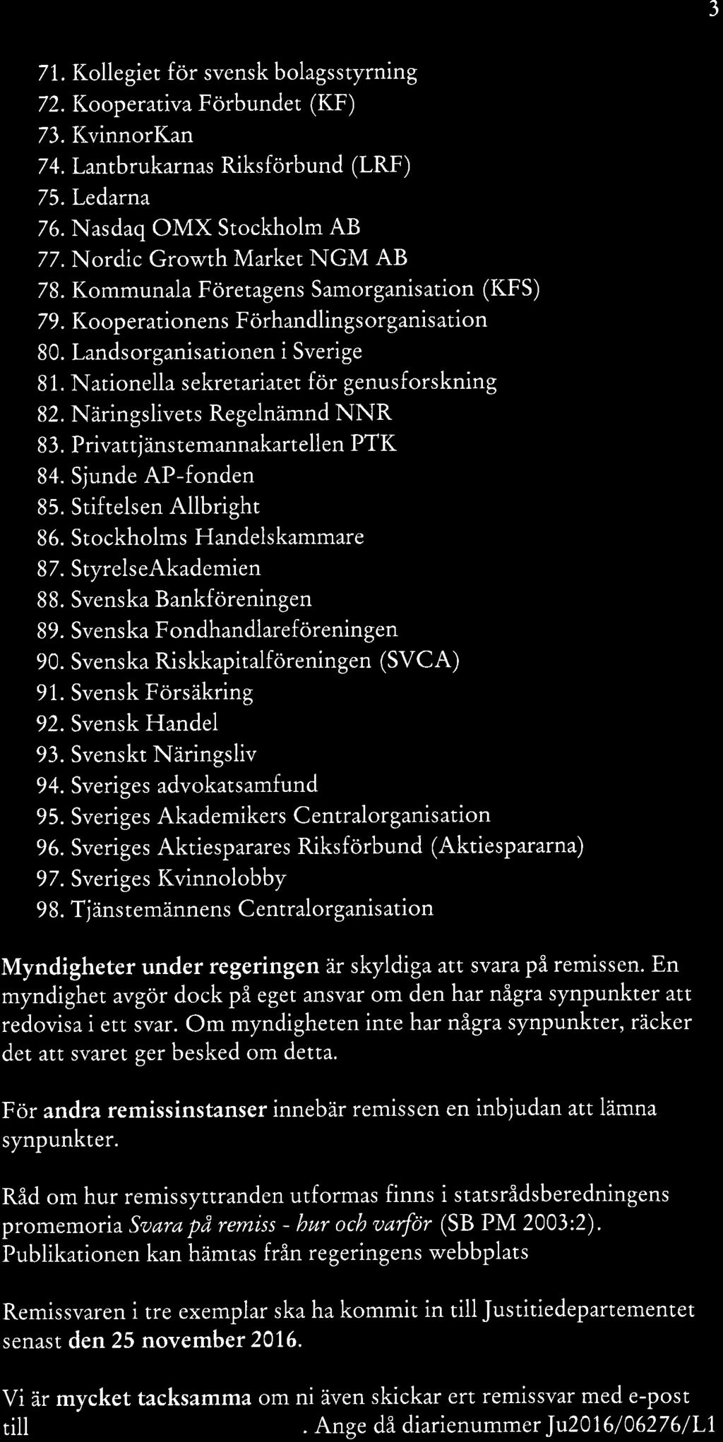 J 71. Kollegiet för svensk bolagsstyrning 72. Kooperativa Förbundet (KF) 23. KvinnorKan 7 4. Lantbrukarnas Riksforbund (LRF) /5. Led,arna 26. Nasdaq OMX Stockholm AB 77.