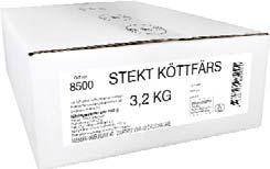 Färdigstekta Produkter Art. nr 7090 5,76 kg/kart Art. nr 8070 stekta 64 x 90 g, 5,76 kg Nötkött 89 g, vatten, potatis, potatismjöl, potatisfiber, salt, färsk lök, kryddor.