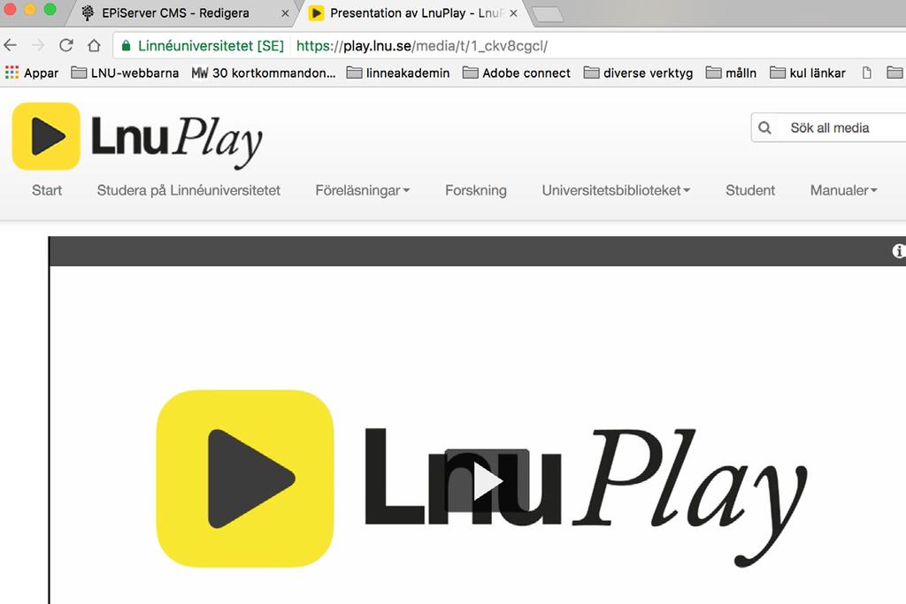 Lnu-Play När du vill bädda in en film från LnuPlay kan du göra det genom att skapa ett LnuPlay-block. (Tänk på att filmen måste vara publik.