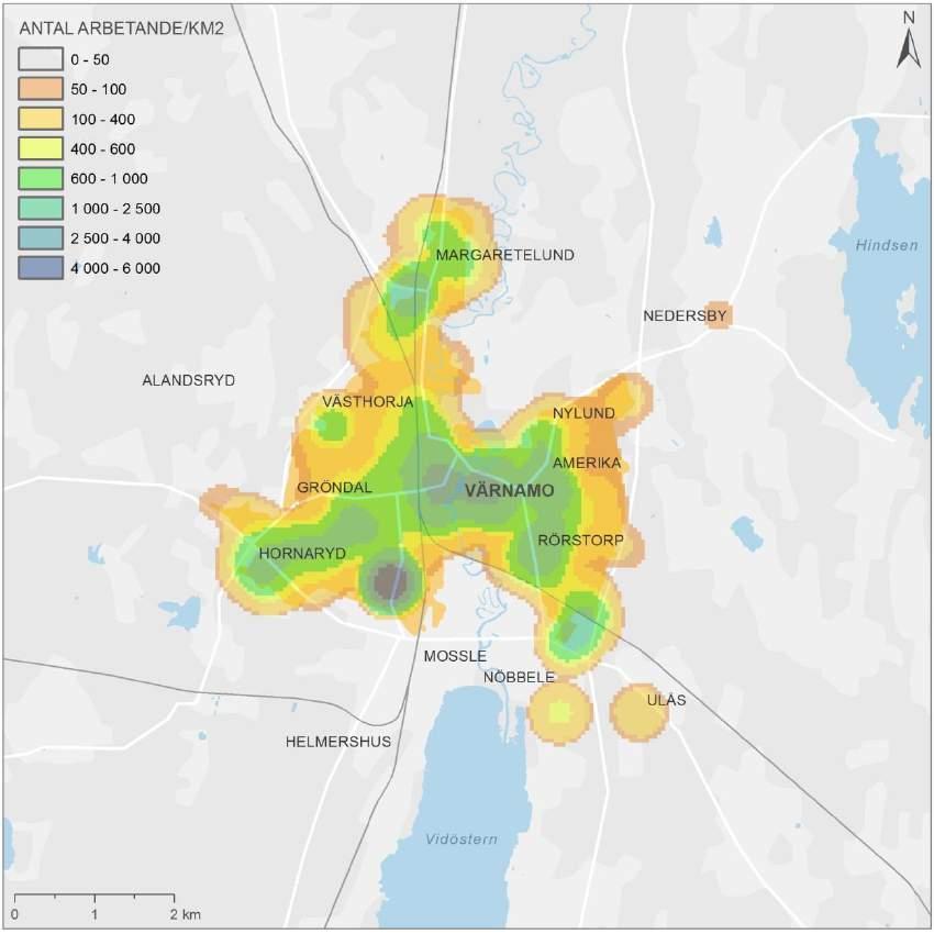 7.2.2. Sysselsättning År 2014 hade Värnamo kommun en förvärvsarbetande dagbefolkning på 17 338 personer. Figur 46. Antal arbetande i Värnamo tätort.